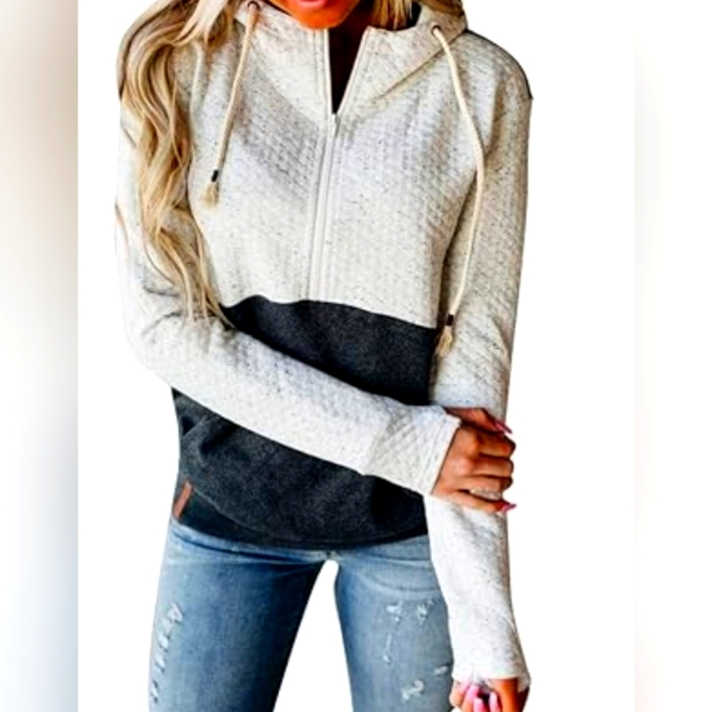 Ampersand Ave Cream and Gray Colorblock Thumbhole Hoodie Sweatshirt Size XS New
